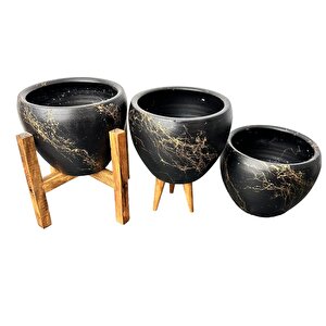 Bitki Tasarımı Siyah Üzeri Gold Mermer Efektli Toprak Saksı Saksılık Salon Çiçeklik Üçlü Set - 15 Cm