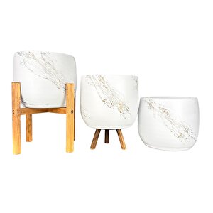 Beyaz Üzeri Gold Mermer Efektli Toprak Saksı Saksılık Salon Çiçeklik Üçlü Set- 19 Cm