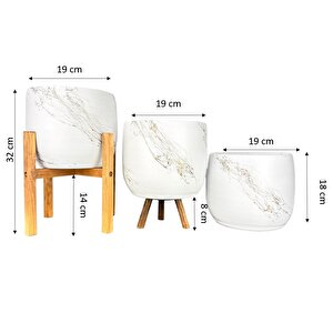 Beyaz Üzeri Gold Mermer Efektli Toprak Saksı Saksılık Salon Çiçeklik Üçlü Set- 19 Cm