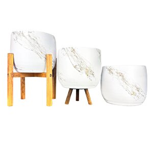 Beyaz Üzeri Gold Mermer Efektli Toprak Saksı Saksılık Salon Çiçeklik Üçlü Set- 19 Cm