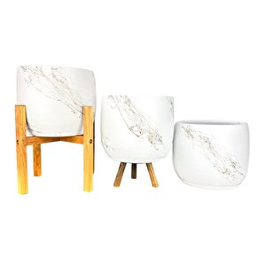 Bitki Tasarımı Beyaz Üzeri Gold Mermer Efektli Toprak Saksı Saksılık Salon Çiçeklik Üçlü Set- 19 Cm