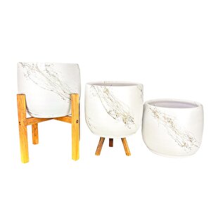 Bitki Tasarımı Beyaz Üzeri Gold Mermer Efektli Toprak Saksı Saksılık Salon Çiçeklik Üçlü Set- 19 Cm