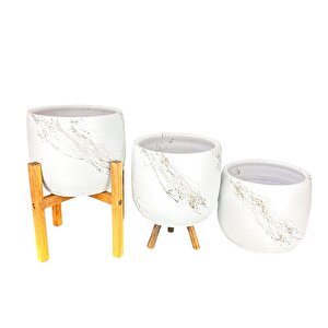 Bitki Tasarımı Beyaz Üzeri Gold Mermer Efektli Toprak Saksı Saksılık Salon Çiçeklik Üçlü Set- 19 Cm