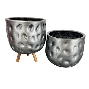 Bitki Tasarımı  Gümüş Desenli Toprak Saksı Saksılık Salon Çiçeklik İkili Set Ayaksız - 3 Ayaklı- 19 Cm
