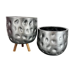 Bitki Tasarımı  Gümüş Desenli Toprak Saksı Saksılık Salon Çiçeklik İkili Set Ayaksız - 3 Ayaklı- 19 Cm