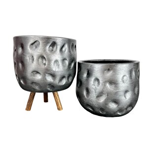 Bitki Tasarımı  Gümüş Desenli Toprak Saksı Saksılık Salon Çiçeklik İkili Set Ayaksız - 3 Ayaklı- 19 Cm
