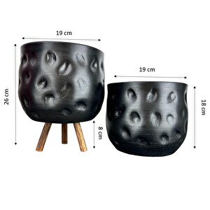 Siyah Desenli Toprak Saksı Saksılık Salon Çiçeklik İkili Set Ayaksız - 3 Ayaklı- 19 Cm