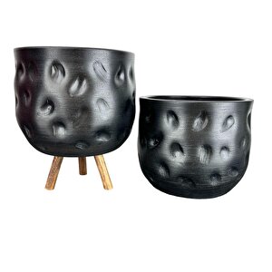 Siyah Desenli Toprak Saksı Saksılık Salon Çiçeklik İkili Set Ayaksız - 3 Ayaklı- 19 Cm