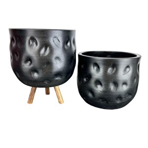 Bitki Tasarımı  Siyah Desenli Toprak Saksı Saksılık Salon Çiçeklik İkili Set Ayaksız - 3 Ayaklı- 19 Cm