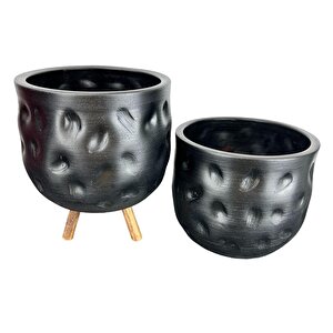 Bitki Tasarımı  Siyah Desenli Toprak Saksı Saksılık Salon Çiçeklik İkili Set Ayaksız - 3 Ayaklı- 19 Cm