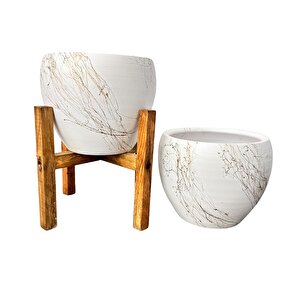 Beyaz Üzeri Gold Mermer Efektli Toprak Saksı Saksılık Salon Çiçeklik İkili Set Ayaksız - 4 Ayaklı- 15 Cm