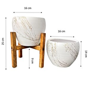 Beyaz Üzeri Gold Mermer Efektli Toprak Saksı Saksılık Salon Çiçeklik İkili Set Ayaksız - 4 Ayaklı- 15 Cm