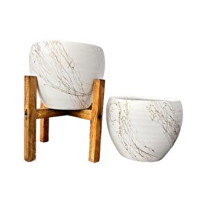 Beyaz Üzeri Gold Mermer Efektli Toprak Saksı Saksılık Salon Çiçeklik İkili Set Ayaksız - 4 Ayaklı- 15 Cm