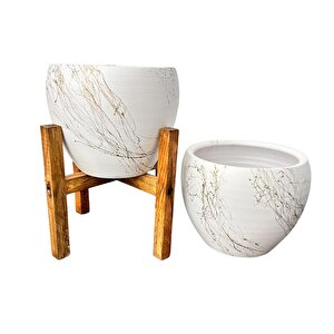 Bitki Tasarımı Beyaz Üzeri Gold Mermer Efektli Toprak Saksı Saksılık Salon Çiçeklik İkili Set Ayaksız - 4 Ayaklı- 15 Cm