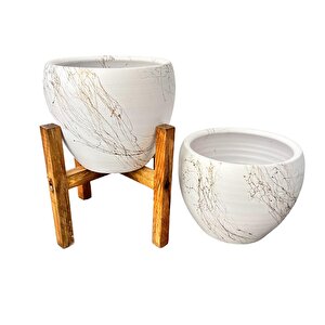 Bitki Tasarımı Beyaz Üzeri Gold Mermer Efektli Toprak Saksı Saksılık Salon Çiçeklik İkili Set Ayaksız - 4 Ayaklı- 15 Cm