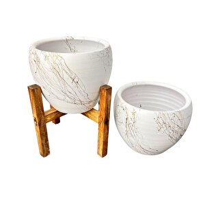 Bitki Tasarımı Beyaz Üzeri Gold Mermer Efektli Toprak Saksı Saksılık Salon Çiçeklik İkili Set Ayaksız - 4 Ayaklı- 15 Cm