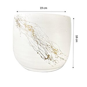 Beyaz Üzeri Gold Mermer Efektli Toprak Saksı Saksılık Salon Çiçeklik - 19 Cm