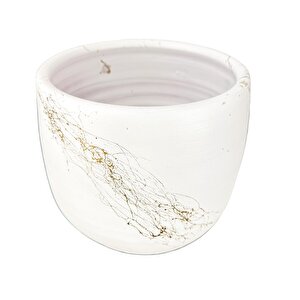 Beyaz Üzeri Gold Mermer Efektli Toprak Saksı Saksılık Salon Çiçeklik - 19 Cm