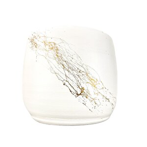 Bitki Tasarımı Beyaz Üzeri Gold Mermer Efektli Toprak Saksı Saksılık Salon Çiçeklik - 19 Cm