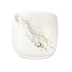 Bitki Tasarımı Beyaz Üzeri Gold Mermer Efektli Toprak Saksı Saksılık Salon Çiçeklik - 19 Cm