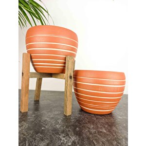 Bi̇tki̇ Tasarimi Ev Dekorasyon Yan Çi̇zgi̇ Desenli̇ Terrakota Toprak Saksi Saksilik Salon Çi̇çekli̇k İki̇li̇ Set Ayaksiz - 4 Ayakli- 15 Cm