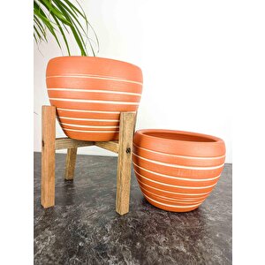 Bi̇tki̇ Tasarimi Ev Dekorasyon Yan Çi̇zgi̇ Desenli̇ Terrakota Toprak Saksi Saksilik Salon Çi̇çekli̇k İki̇li̇ Set Ayaksiz - 4 Ayakli- 15 Cm