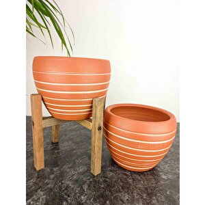 Bi̇tki̇ Tasarimi Ev Dekorasyon Yan Çi̇zgi̇ Desenli̇ Terrakota Toprak Saksi Saksilik Salon Çi̇çekli̇k İki̇li̇ Set Ayaksiz - 4 Ayakli- 15 Cm