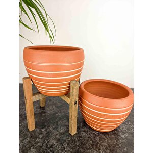 Bi̇tki̇ Tasarimi Ev Dekorasyon Yan Çi̇zgi̇ Desenli̇ Terrakota Toprak Saksi Saksilik Salon Çi̇çekli̇k İki̇li̇ Set Ayaksiz - 4 Ayakli- 15 Cm