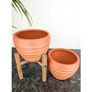 Bi̇tki̇ Tasarimi Ev Dekorasyon Yan Çi̇zgi̇ Desenli̇ Terrakota Toprak Saksi Saksilik Salon Çi̇çekli̇k İki̇li̇ Set Ayaksiz - 4 Ayakli- 15 Cm