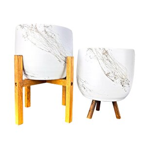 Beyaz Üzeri Gold Mermer Efektli Toprak Saksı Saksılık Salon Çiçeklik İkili Set 3 Ayaklı- 4 Ayaklı- 19 Cm