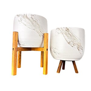 Beyaz Üzeri Gold Mermer Efektli Toprak Saksı Saksılık Salon Çiçeklik İkili Set 3 Ayaklı- 4 Ayaklı- 19 Cm