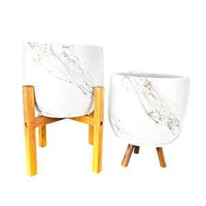 Bitki Tasarımı Beyaz Üzeri Gold Mermer Efektli Toprak Saksı Saksılık Salon Çiçeklik İkili Set 3 Ayaklı- 4 Ayaklı- 19 Cm