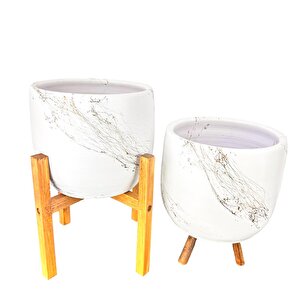 Bitki Tasarımı Beyaz Üzeri Gold Mermer Efektli Toprak Saksı Saksılık Salon Çiçeklik İkili Set 3 Ayaklı- 4 Ayaklı- 19 Cm