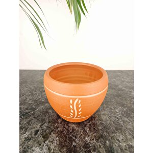 Bitki Tasarımı Nakış Desenli Terrakota Toprak Saksı Saksılık Salon Çiçeklik - 15 Cm