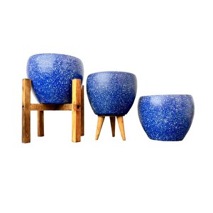 Lacivert Granit Toprak Saksı Saksılık Salon Çiçeklik Üçlü Set - 15 Cm