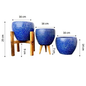 Lacivert Granit Toprak Saksı Saksılık Salon Çiçeklik Üçlü Set - 15 Cm