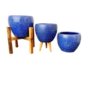 Bitki Tasarımı Lacivert Granit Toprak Saksı Saksılık Salon Çiçeklik Üçlü Set - 15 Cm