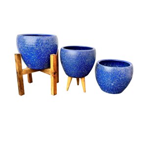Bitki Tasarımı Lacivert Granit Toprak Saksı Saksılık Salon Çiçeklik Üçlü Set - 15 Cm