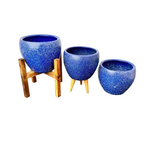 Bitki Tasarımı Lacivert Granit Toprak Saksı Saksılık Salon Çiçeklik Üçlü Set - 15 Cm