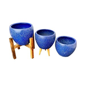 Bitki Tasarımı Lacivert Granit Toprak Saksı Saksılık Salon Çiçeklik Üçlü Set - 15 Cm