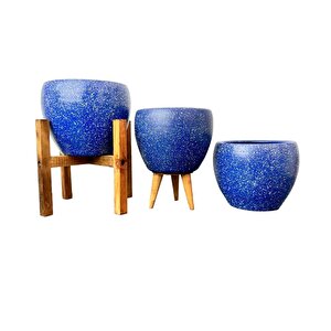 Bitki Tasarımı Lacivert Granit Toprak Saksı Saksılık Salon Çiçeklik Üçlü Set - 15 Cm