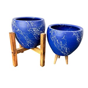 Bitki Tasarımı Lacivert Üzeri Beyaz Mermer Efektli Toprak Saksı Saksılık Salon Çiçeklik İkili Set 3 Ayaklı- 4 Ayaklı- 15 Cm