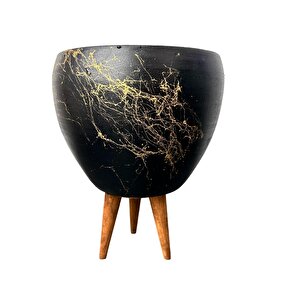 Siyah Üzeri Gold Mermer Efektli Toprak Saksı Saksılık Salon Çiçeklik 3 Ayaklı - 15 Cm