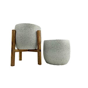 Beyaz Granit Toprak Saksı Saksılık Salon Çiçeklik İkili Set Ayaksız - 4 Ayaklı- 19 Cm