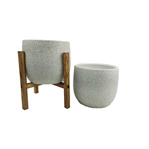 Beyaz Granit Toprak Saksı Saksılık Salon Çiçeklik İkili Set Ayaksız - 4 Ayaklı- 19 Cm