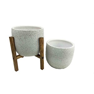 Beyaz Granit Toprak Saksı Saksılık Salon Çiçeklik İkili Set Ayaksız - 4 Ayaklı- 19 Cm