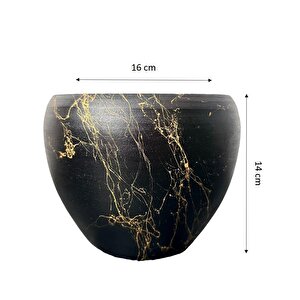 Siyah Üzeri Gold Mermer Efektli Toprak Saksı Saksılık Salon Çiçeklik - 15 Cm