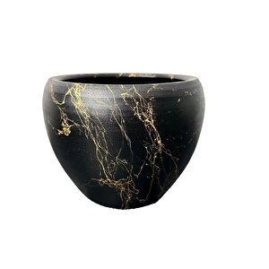 Siyah Üzeri Gold Mermer Efektli Toprak Saksı Saksılık Salon Çiçeklik - 15 Cm