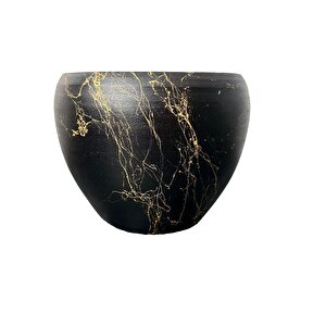 Bitki Tasarımı Siyah Üzeri Gold Mermer Efektli Toprak Saksı Saksılık Salon Çiçeklik - 15 Cm