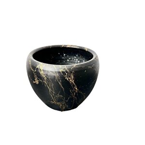 Bitki Tasarımı Siyah Üzeri Gold Mermer Efektli Toprak Saksı Saksılık Salon Çiçeklik - 15 Cm